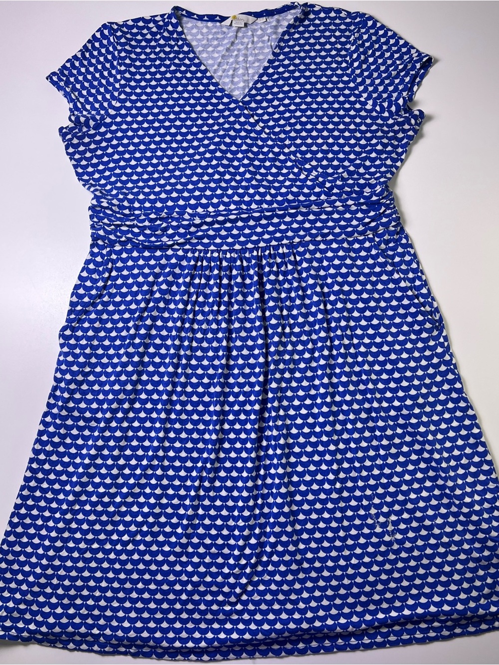 Boden Blue White Scallop Print Jersey Faux Wrap Dress Size 14R